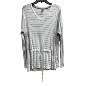 SWEET GRAY tan white Jersey knit national striped check blouse weekend sz L